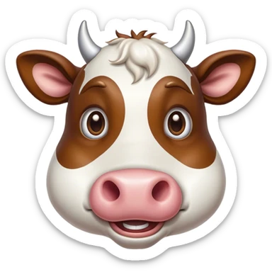 Cinematic Comical Brown and White Cow Portrait Emoji, Head tilted dramatically with an exaggeratedly amused expression, featuring a striking, glossy hide with a dynamic mix of brown and white, wide, expressive brown eyes filled with playful disbelief, Simplified yet hilariously expressive features, highly detailed, glowing with a slightly sassy glow, high shine, dramatic yet playful, stylized with an air of cheeky mischief, bright and endearing, soft glowing outline, capturing the essence of a spirited and over-the-top cow, so meme-worthy it feels like it could moo its way into internet fame instantly! sticker