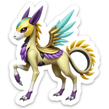 Colorful Skeletal masked armored Meloetta-Manectric-Solgaleo-Raikou-Pokémon-Digimon-Fakémon-fusion-hybrid-creature, full body sticker
