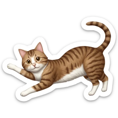 brown tabby and white cat with doing a big extremely long stretch reaching up into the air with arms and legs side by side together straight and overextended whilst lying on its side sticker
