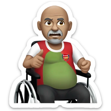 old black bald man with a protruding round pot belly in wheelchair. angry face. grey stubble. he is pointing finger in front. arsenal soccer shirt. mouth word bubble sticker
