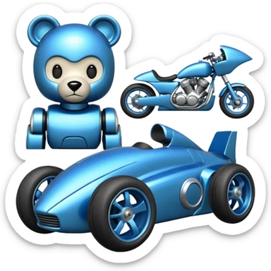  Metallic blue and lightly chrome-accented  kid-sized race car for scary robot teddy bear with custom aero body and rear wing and motorcycle wheels  sticker