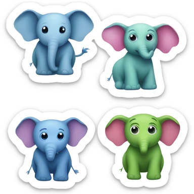 A blue elephant and a pink elephant and a green owl sticker