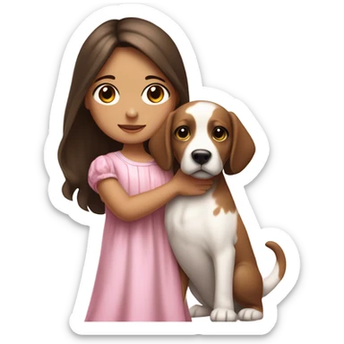 Little Girl with White skin, black eyes. Long brown hair with. She is wearing a pink and White dress, standing and holding on to a dog sticker
