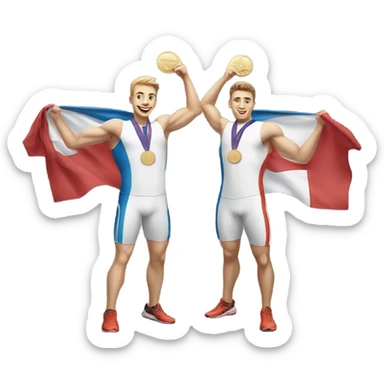 Two strong Caucasian high school white men running track and winning medals sticker