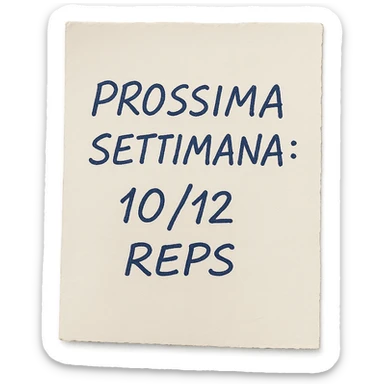 top view hyperrealistic 3D paper sheet with handwritten pen text 'PROSSIMA SETTIMANA: 10/12 REPS', no background, realistic handwriting effect sticker