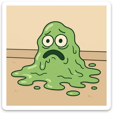green slime with googly eyes melted on the floor, cartoon style sticker