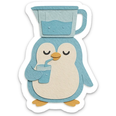 pastel blue water purifier penguin, sipping water, content face, full-body sticker