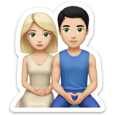 prince,  black Hair, blue eyes, garment,  woman, siiting in man white sleveless dress, blonde hair, green eyes, sticker