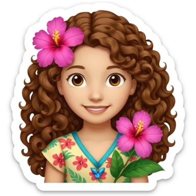 Chica morena clara de ojos marrones cabello rizado largo de lado y una flor hawaiana en el cabello  sticker