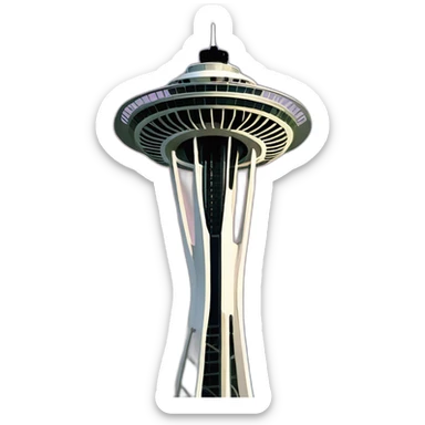 Simplified Seattle space needle, cartoon style, 🗽, iconic, exaggerated proportions, landmark sticker