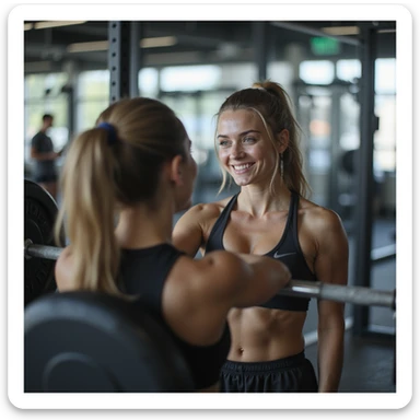 young woman in sportswear in gym, doing video check with smartphone for coach while doing barbell row, bright environment with mirrors, hyperrealistic details, 4K, 8/8 sticker