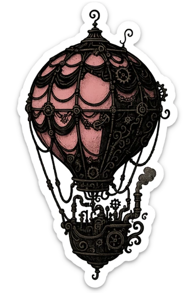 black and pink whimsical steampunk hot air balloon sticker
