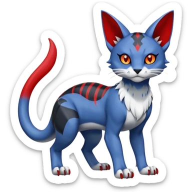 Dark-greyish-blue-grey-black, with red markings, white belly, scaley Bastet-Noibat-Gatomon-Digimon-Fakémon-Pokémon-creature (full body) sticker
