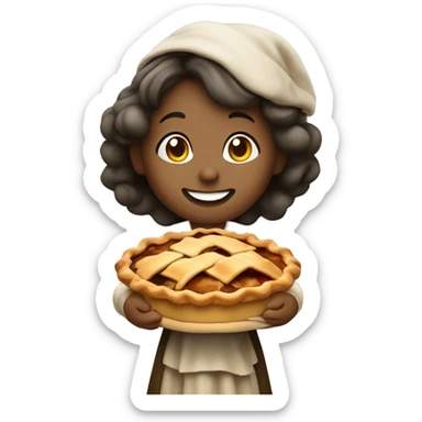 A cute pilgrim girl holding a steaming apple pie with a proud smile. sticker