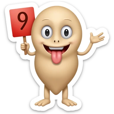 A school that has the number 9 on top of it's eyes holding a sign with the number 9 on the sign with a mouth sticking out his tongue with legs and arms with him being happy full of joy sticker