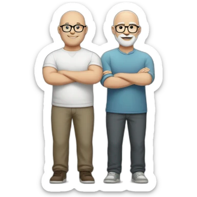 crossed arms full body smiling chubby white man bald head darkgraybeard glasses sticker