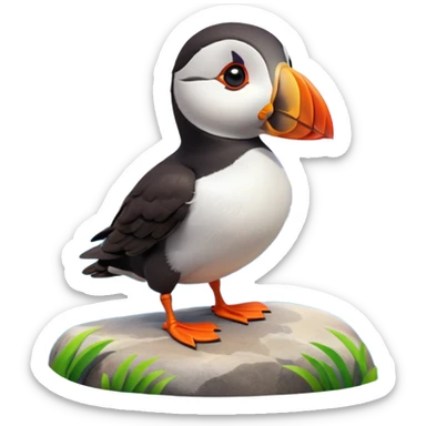 A 3D cartoon puffin bird standing on a rock near the sea, soft daylight, bright colors, realistic Memoji-style. sticker