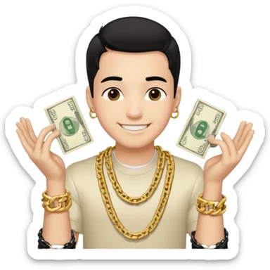 Has un chico con mucha plata en sus manos y en su alrededor, Con una cadena que diga "JovenBallin" y que tenga pelo negro y sea piel blanca sticker