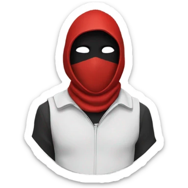 A person in a red guard costume,with a  black mask with a white triangle on the mask. Red hood up sticker