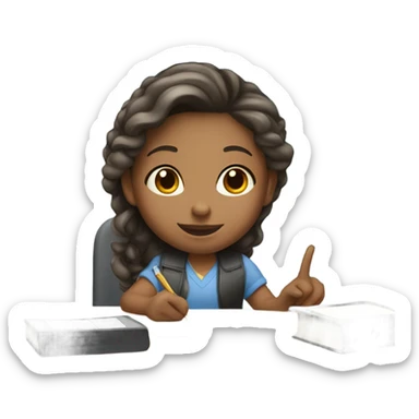 A white girl with a raised hand at a desk at school  sticker