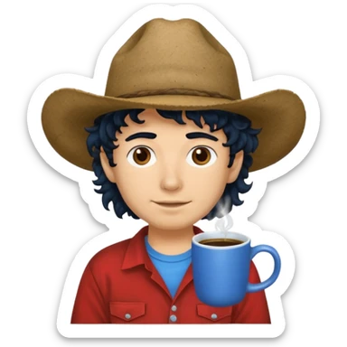 Ranch hand with blue hat and coffee mug, curly black hair, red shirt sticker