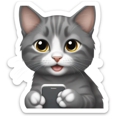 Gray tuxedo kitten using an iPhone sticker