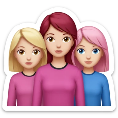 Three girls, one dark red hair with hazel eyes, one blonde with blue eyed and one with black hair and brown eyes, all wear pink sticker