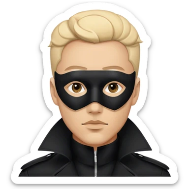 man with a black trench coat and a black geometric mask sticker
