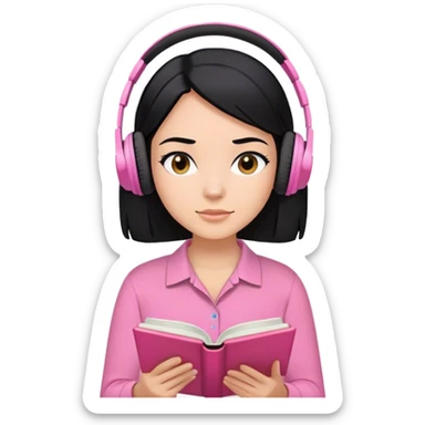 Chica de pelo negro con piel normal y camiss rosa leyendo un libro con audifonos sticker