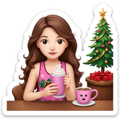 menina branca com cabelos castanhos longos ondulados com xícara rosa na frente com chocolate quente, ela usa blusa de alcinha com estampa de natal sticker