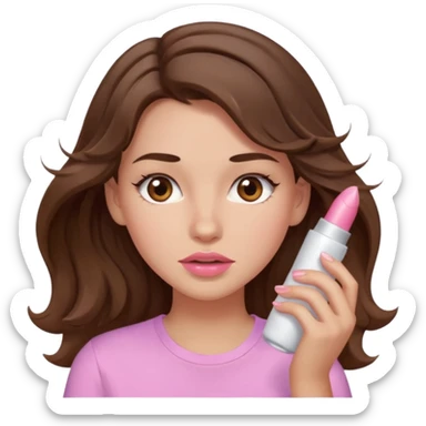 girl with wavy long brown hair, brown eyes, light to medium complexion, long lashes, light pink lipstick, wearing light pink shirt, sweating sticker