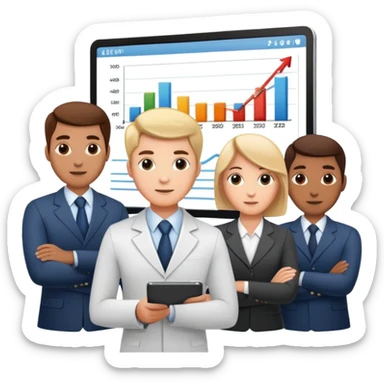 Professional leader with chart showing growth, presenting to team sticker