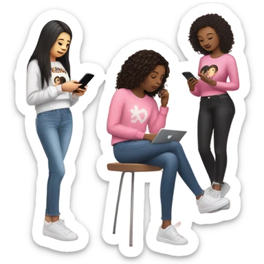 I brown hair girl wearing pink and white sweater and ripped jeans texting to her black hair friend wearing blue and black Shakira lace up croc top  sticker