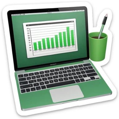 top view of a MacBook and a notebook with a pen nearby, notebook pages filled with handwritten bar charts, green notebook sticker