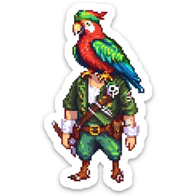 a pirate with a colorful parrot, pixel art style sticker