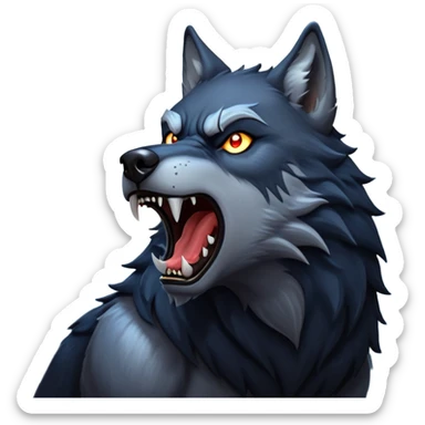 cinematic-noble-fierce-werewolf-howling-portrait-emoji, poised-and-imposing, with a fierce wolfish face tilted upwards in a haunting howl, glowing eyes full of primal ferocity, sharp, and a rugged snout, fur rippling in shades of midnight black and silver, muscles tensed as the powerful howl echoes beneath the moonlit sky; rendered with realism, capturing the raw, untamed power of the beast in its wild, primal state sticker