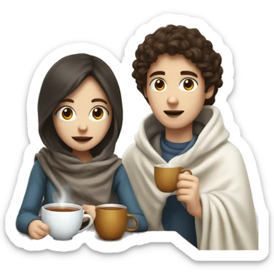 a boy white skin  dark hair and a girl with brown hair and white skin covered in a blanket are drinking tea sticker