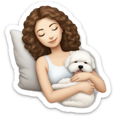 White girl brown hair sleeping with Mini Bichon sticker
