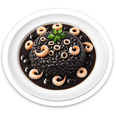 cinematic-realistic-black-risotto-dish-emoji,-showcasing-small squid pieces in black sauce -rendered-with-bold-textures-and-dynamic,-dramatic-lighting in a white plate sticker