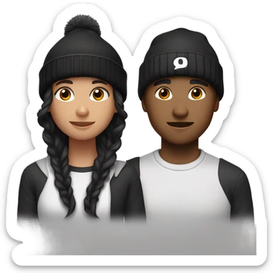 2 best friend, one of them is brown wavy hair in black winter cap, and the othet one is black straight hair with black winter cap sticker