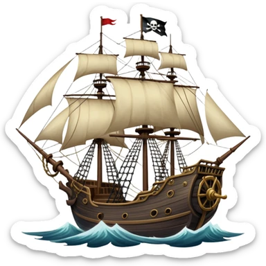 An icon representing an adventure game, inspired by high-seas exploration. The design features a fearless pirate gripping the wheel of a grand sailing ship, its tattered Jolly Roger flag billowing as it cuts through stormy waters. The scene evokes danger, treasure, and the thrill of the open sea. Transparent background. sticker