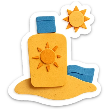 illustration of a sunscreen bottle with a sun icon on a sandy beach, bright colors, paper-craft style sticker