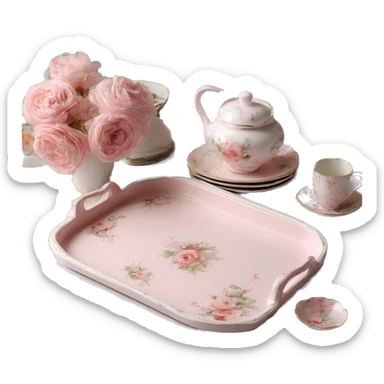 Light pink glass serving tray with handles, shabby chic style with floral print, with porcelain tea set on it sticker