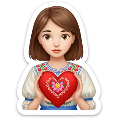 A beautiful young girl with brown hair in a Ukrainian embroidered shirt is holding a large embroidered heart sticker
