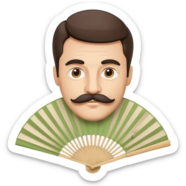 Folding paper fan with an Italian man with mustache printed as decoration on the fan surface sticker