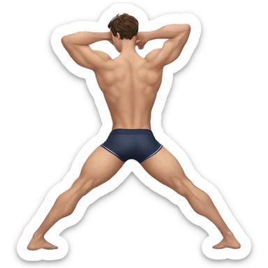 Jacob Elordi in a jock, backwards view, stretching glutes sticker