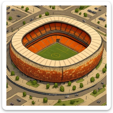 Изометричная, яркая, детализированная и фотореалистичная иллюстрация стадиона FNB Stadium в стиле 3D-коллажей городов, насыщенные цвета, аккуратные и чёткие линии, мультяшно-реалистичная стилистика. Чёткие контуры, не размазанные линии, прозрачный фон, высокое качество. sticker