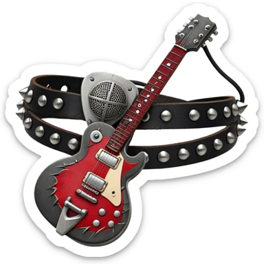 Create a powerful and dynamic humanless emoji representing rock vocals. The design should feature a classic vintage microphone with a rugged, distressed look, surrounded by elements like a guitar pick, electric guitar neck, and sound waves to reflect the raw energy of rock music. Add subtle details such as a spiked bracelet, leather textures, or bold lightning bolts to evoke the rebellious and intense spirit of rock. Use dark, edgy colors like black, red, silver, and metallic accents to emphasize the fierce, loud, and passionate nature of rock vocals. The background should be transparent. sticker