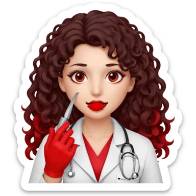 Lilith scalpel in hand, evil surgeon sexy surgeon clothes.  She has red eyes. She has dark brown long curly hair. Wears sexy doctor outfit with red gloves. Covers mouth neck and nose with red litham only covering under her nose to hide her identity sticker