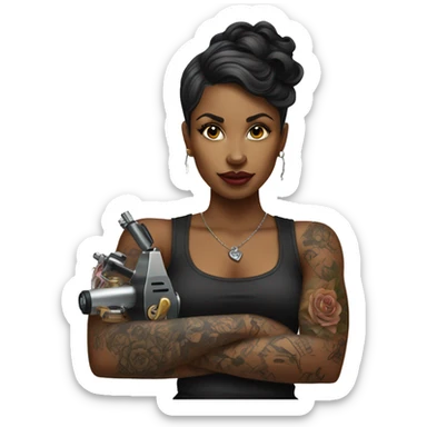 Black female tattoo artist with tattoo holding a tattoo machine sticker